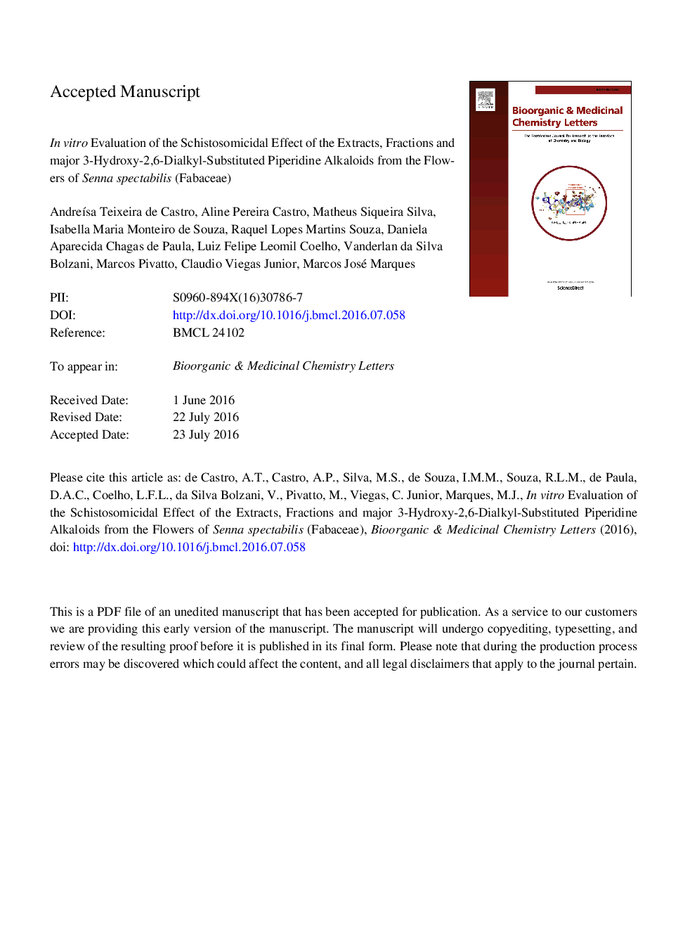 In vitro evaluation of the schistosomicidal effect of the extracts, fractions and major 3-hydroxy-2,6-dialkyl-substituted piperidine alkaloids from the flowers of Senna spectabilis (Fabaceae)