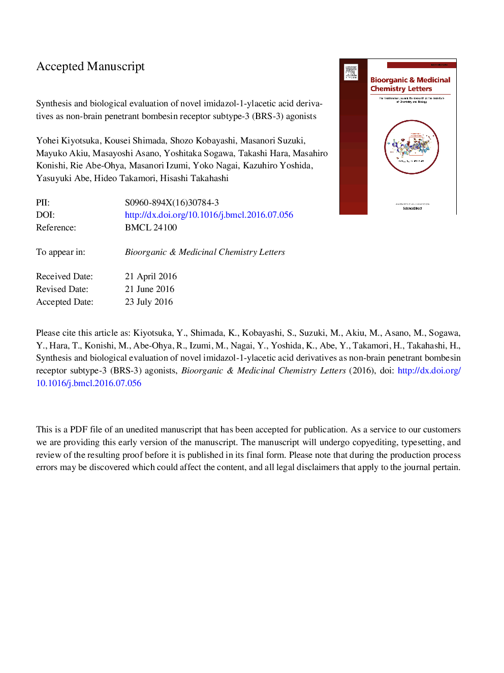 Synthesis and biological evaluation of novel imidazol-1-ylacetic acid derivatives as non-brain penetrant bombesin receptor subtype-3 (BRS-3) agonists