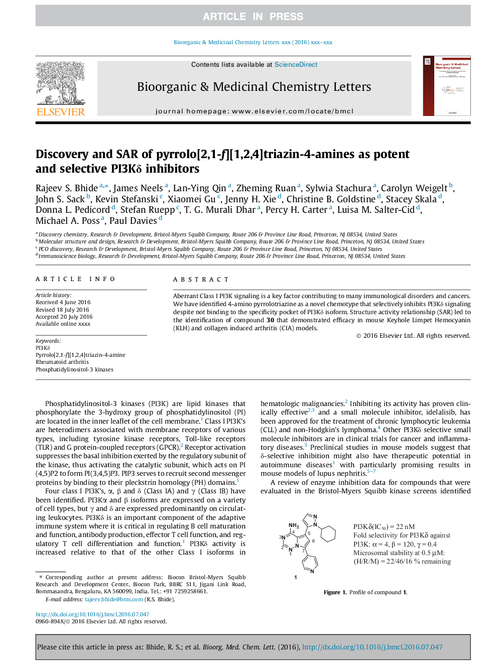 Discovery and SAR of pyrrolo[2,1-f][1,2,4]triazin-4-amines as potent and selective PI3KÎ´ inhibitors