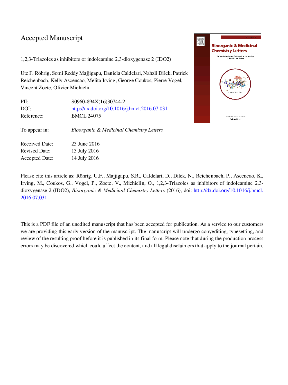 عکس صفحه اول مقاله: 1,2,3-Triazoles as inhibitors of indoleamine 2,3-dioxygenase 2 (IDO2) 1,2,3-Triazoles as inhibitors of indoleamine 2,3-dioxygenase 2 (IDO2)