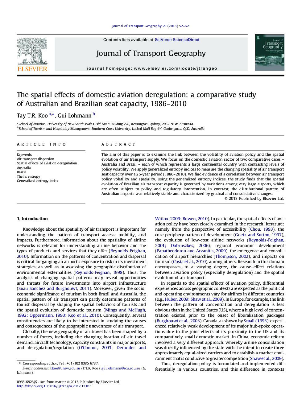 The spatial effects of domestic aviation deregulation: a comparative study of Australian and Brazilian seat capacity, 1986–2010