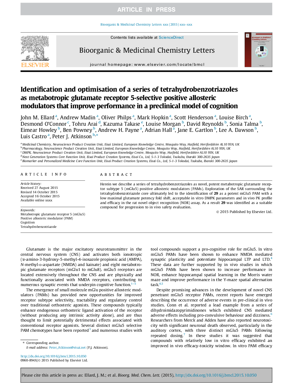 Identification and optimisation of a series of tetrahydrobenzotriazoles as metabotropic glutamate receptor 5-selective positive allosteric modulators that improve performance in a preclinical model of cognition