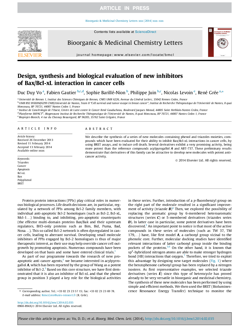 Design, synthesis and biological evaluation of new inhibitors of Bax/Bcl-xL interaction in cancer cells