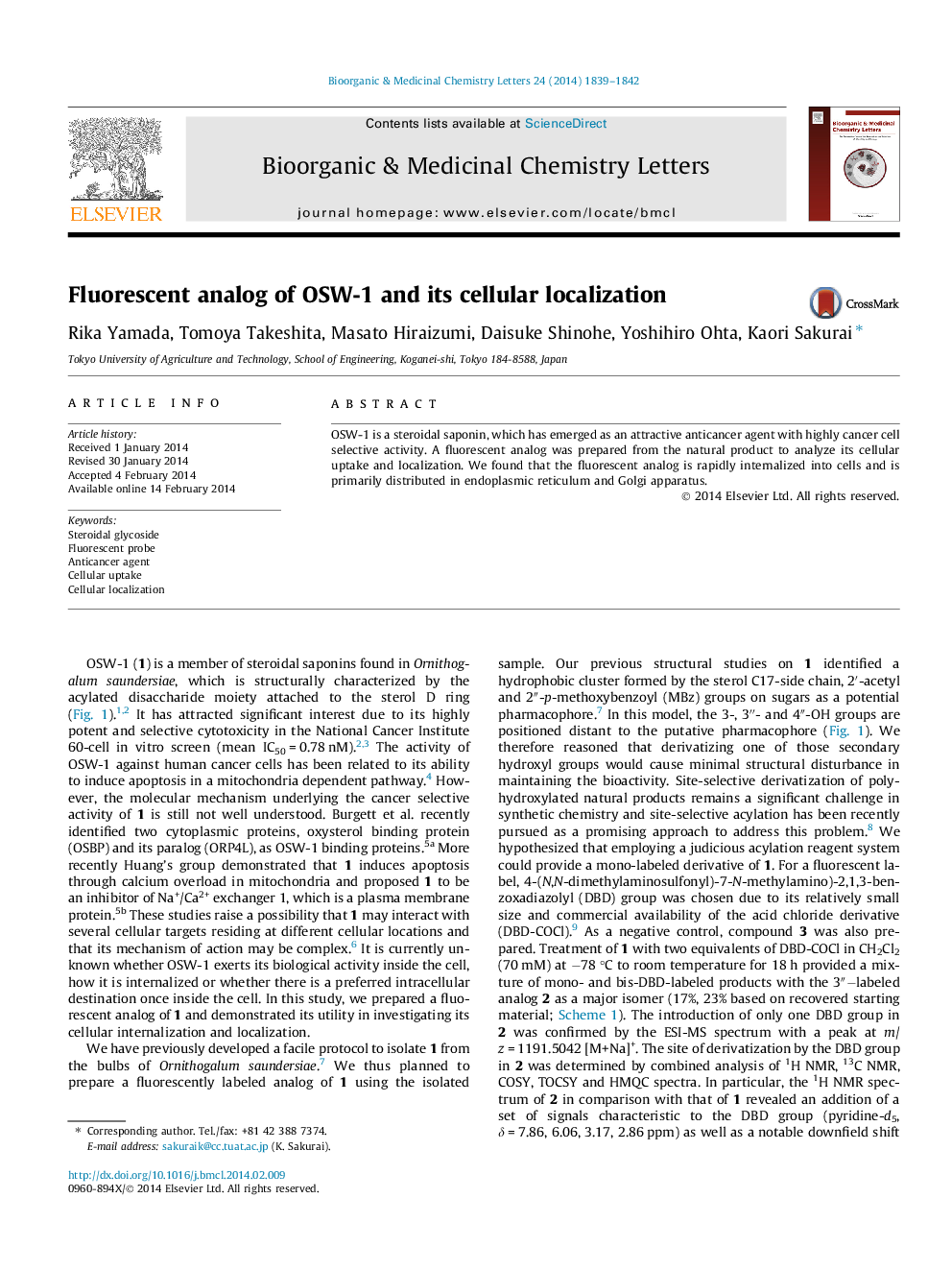 Fluorescent analog of OSW-1 and its cellular localization