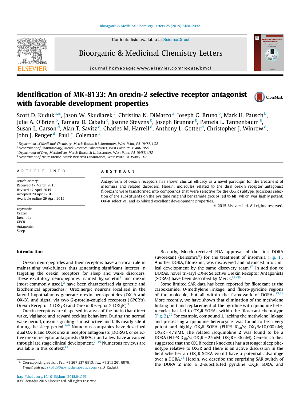 Identification of MK-8133: An orexin-2 selective receptor antagonist with favorable development properties