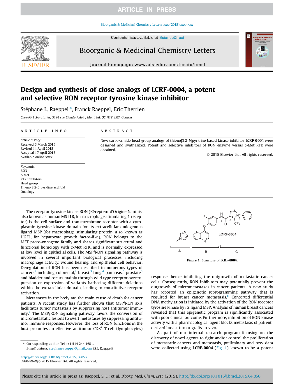 Design and synthesis of close analogs of LCRF-0004, a potent and selective RON receptor tyrosine kinase inhibitor