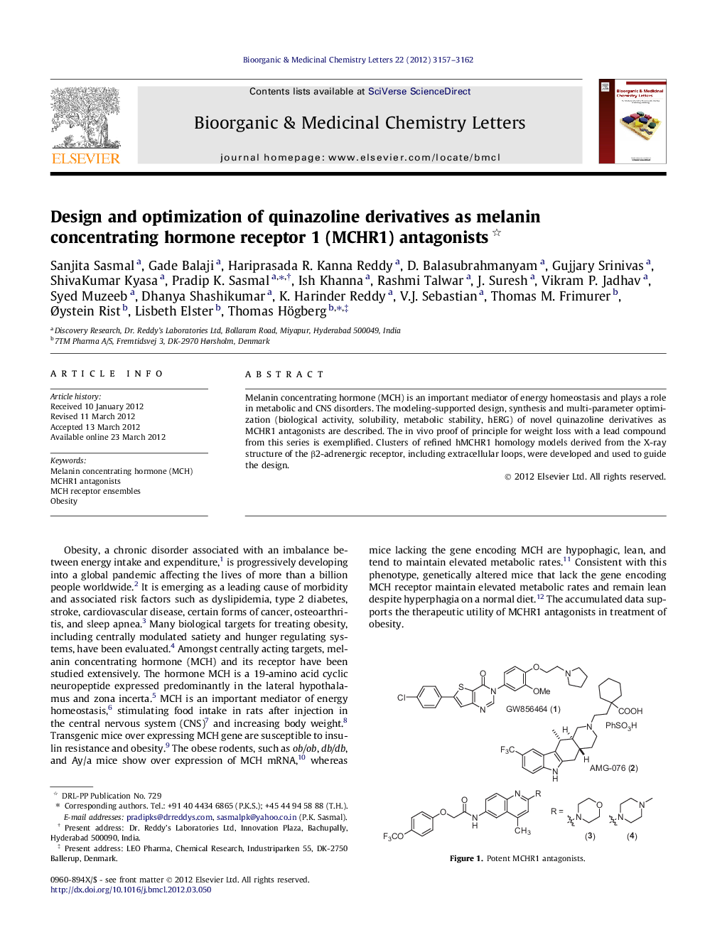 Design and optimization of quinazoline derivatives as melanin concentrating hormone receptor 1 (MCHR1) antagonists