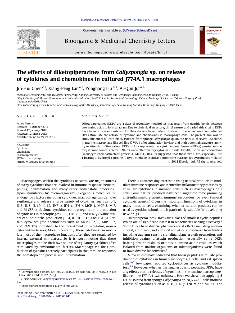 The effects of diketopiperazines from Callyspongia sp. on release of cytokines and chemokines in cultured J774A.1 macrophages