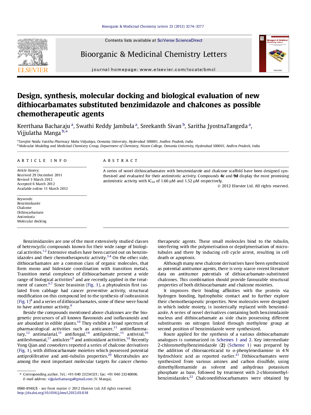 Design, synthesis, molecular docking and biological evaluation of new dithiocarbamates substituted benzimidazole and chalcones as possible chemotherapeutic agents