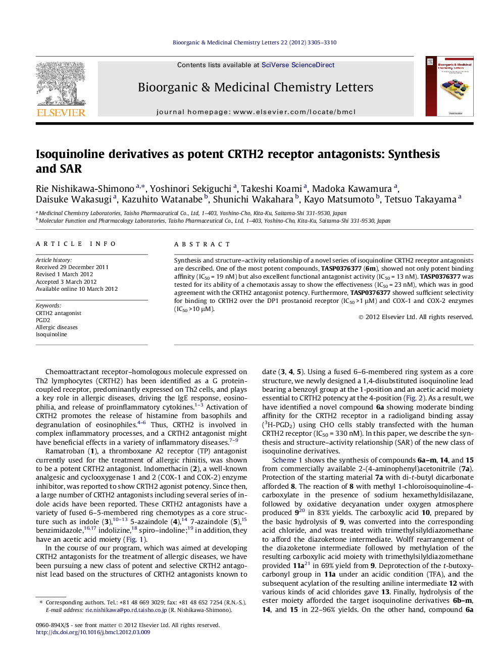 Isoquinoline derivatives as potent CRTH2 receptor antagonists: Synthesis and SAR