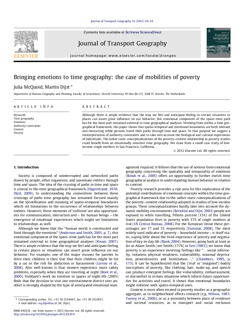 Bringing emotions to time geography: the case of mobilities of poverty