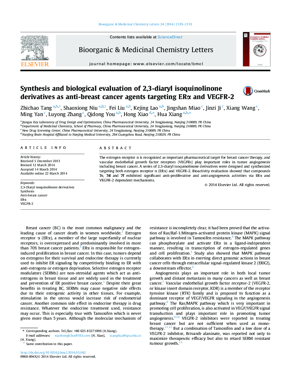 Synthesis and biological evaluation of 2,3-diaryl isoquinolinone derivatives as anti-breast cancer agents targeting ERÎ± and VEGFR-2