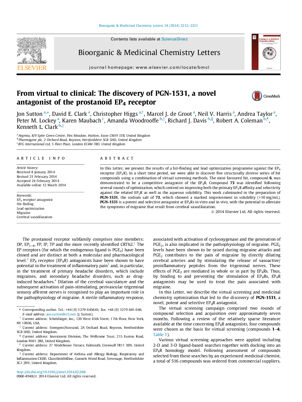 From virtual to clinical: The discovery of PGN-1531, a novel antagonist of the prostanoid EP4 receptor