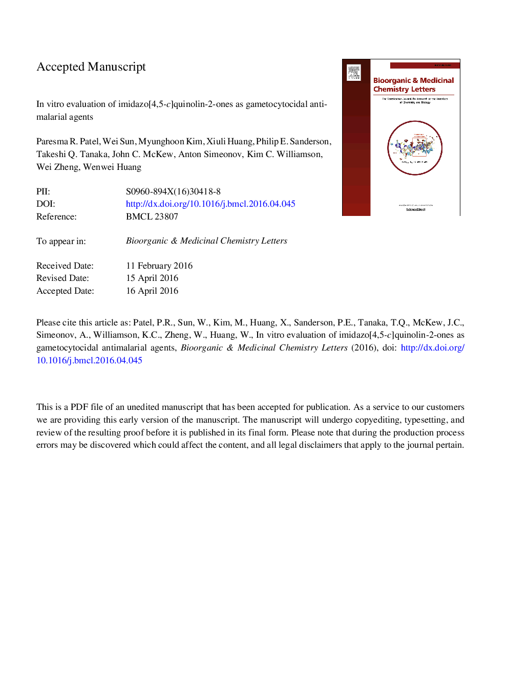 In vitro evaluation of imidazo[4,5-c]quinolin-2-ones as gametocytocidal antimalarial agents