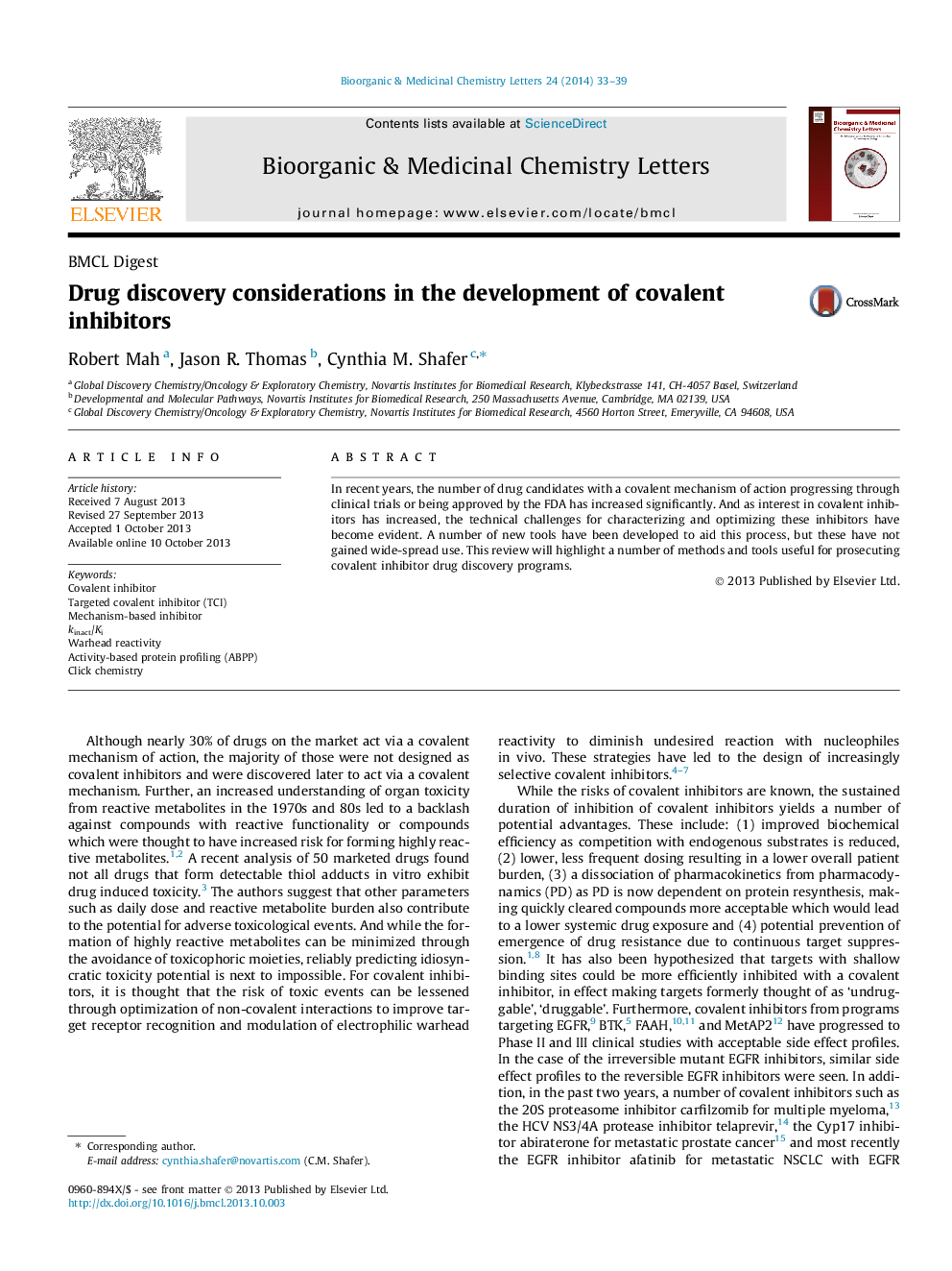 Drug discovery considerations in the development of covalent inhibitors