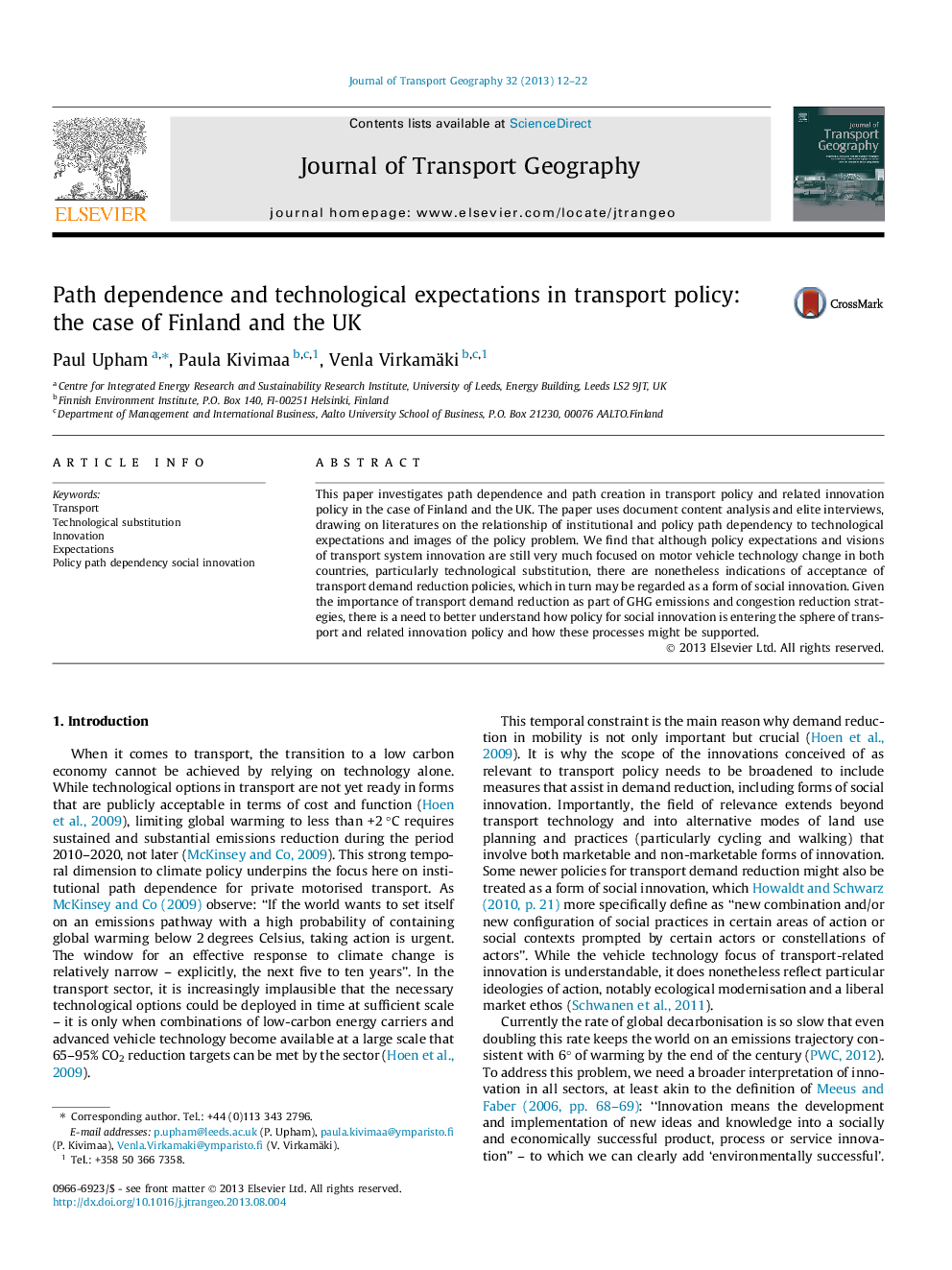 Path dependence and technological expectations in transport policy: the case of Finland and the UK