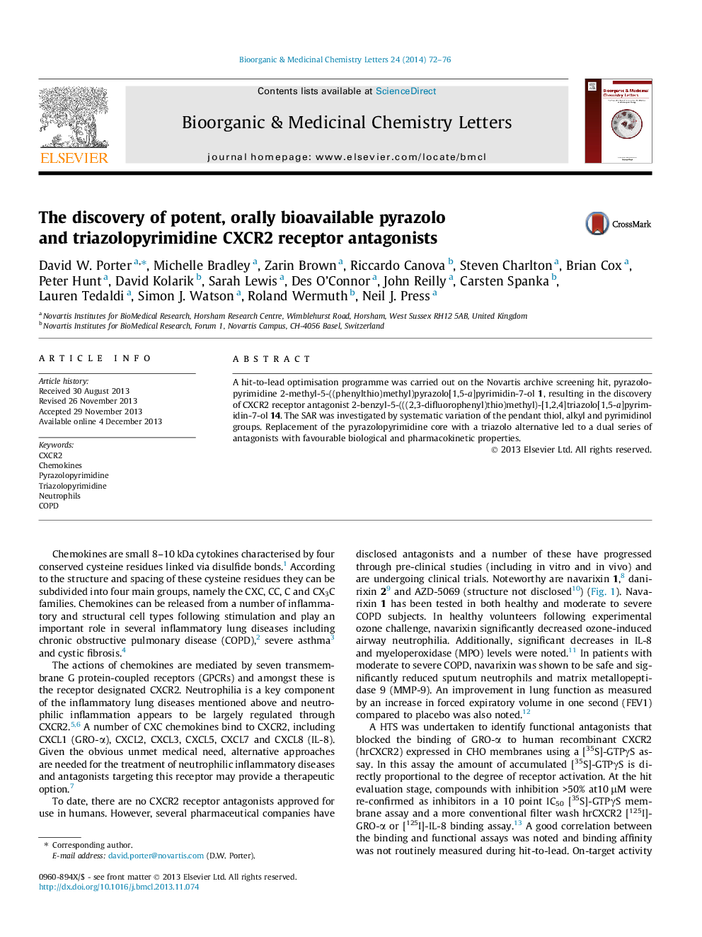 The discovery of potent, orally bioavailable pyrazolo and triazolopyrimidine CXCR2 receptor antagonists