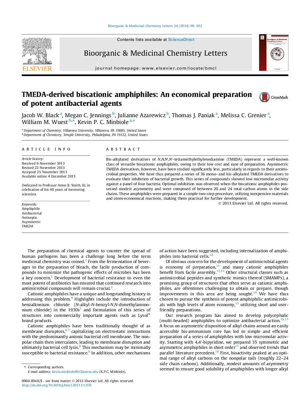 TMEDA-derived biscationic amphiphiles: An economical preparation of potent antibacterial agents