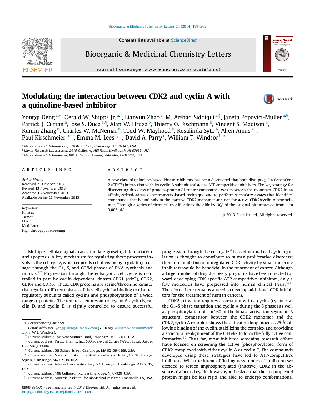 Modulating the interaction between CDK2 and cyclin A with a quinoline-based inhibitor