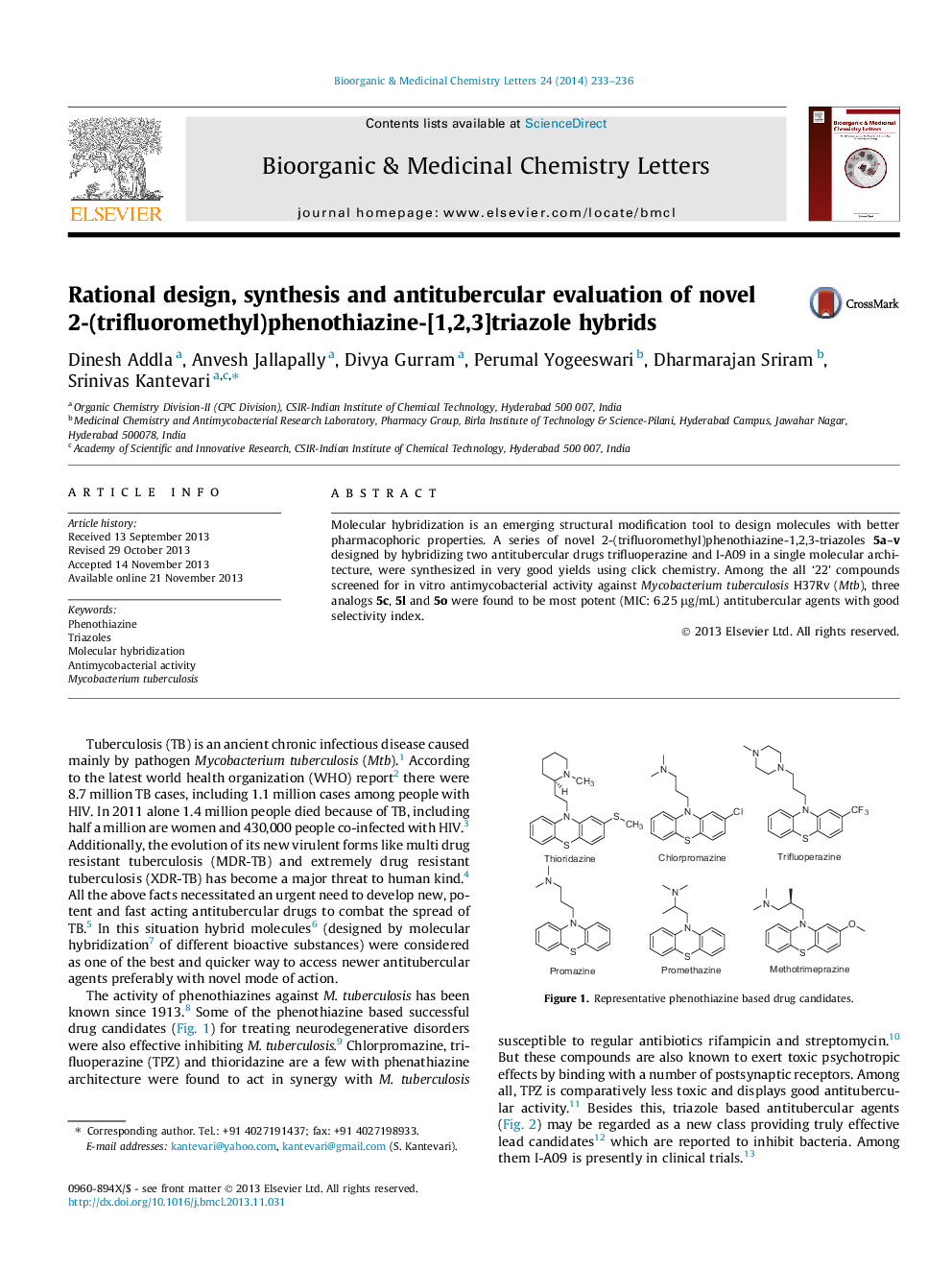 Rational design, synthesis and antitubercular evaluation of novel 2-(trifluoromethyl)phenothiazine-[1,2,3]triazole hybrids