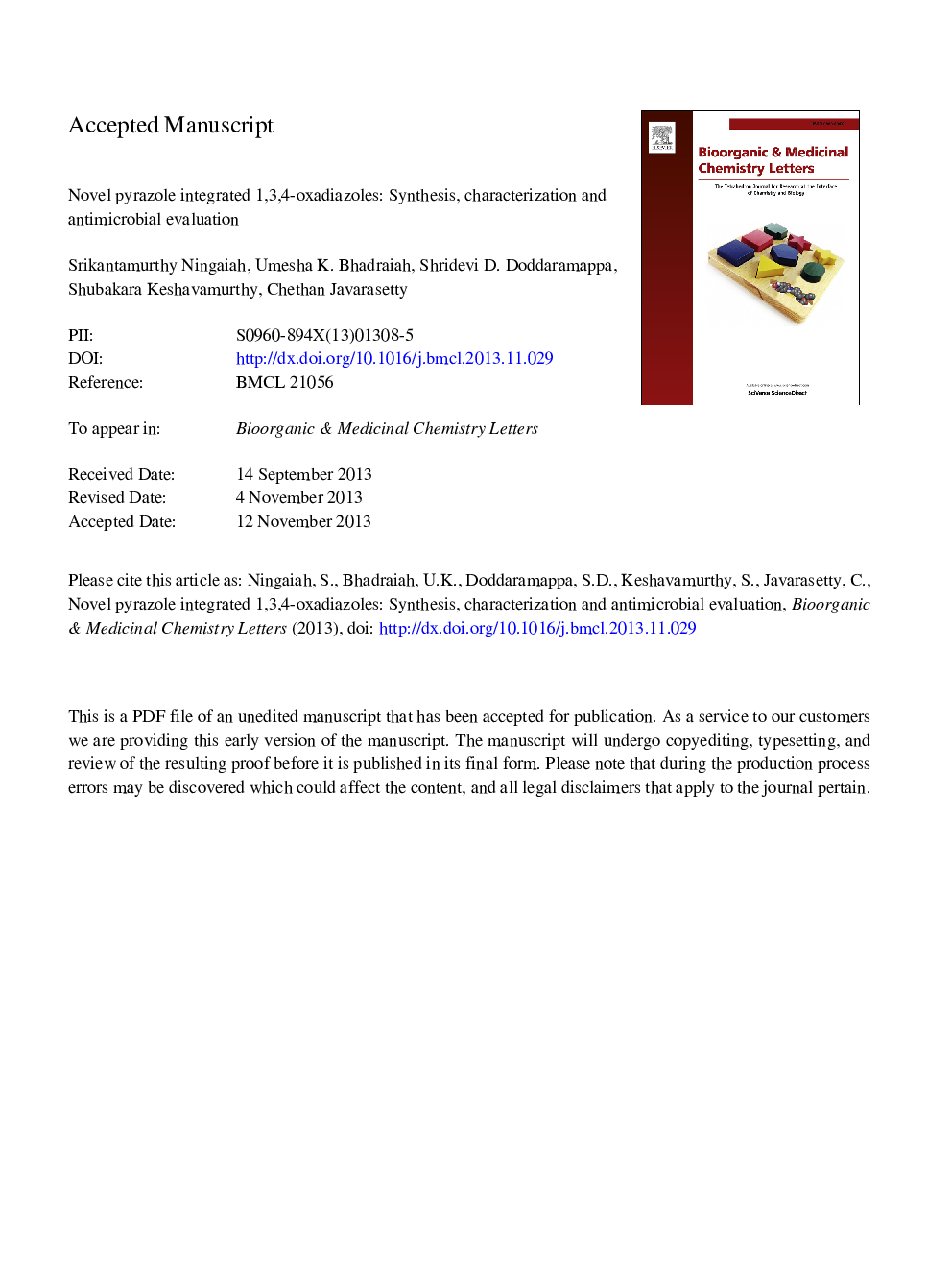 Novel pyrazole integrated 1,3,4-oxadiazoles: Synthesis, characterization and antimicrobial evaluation