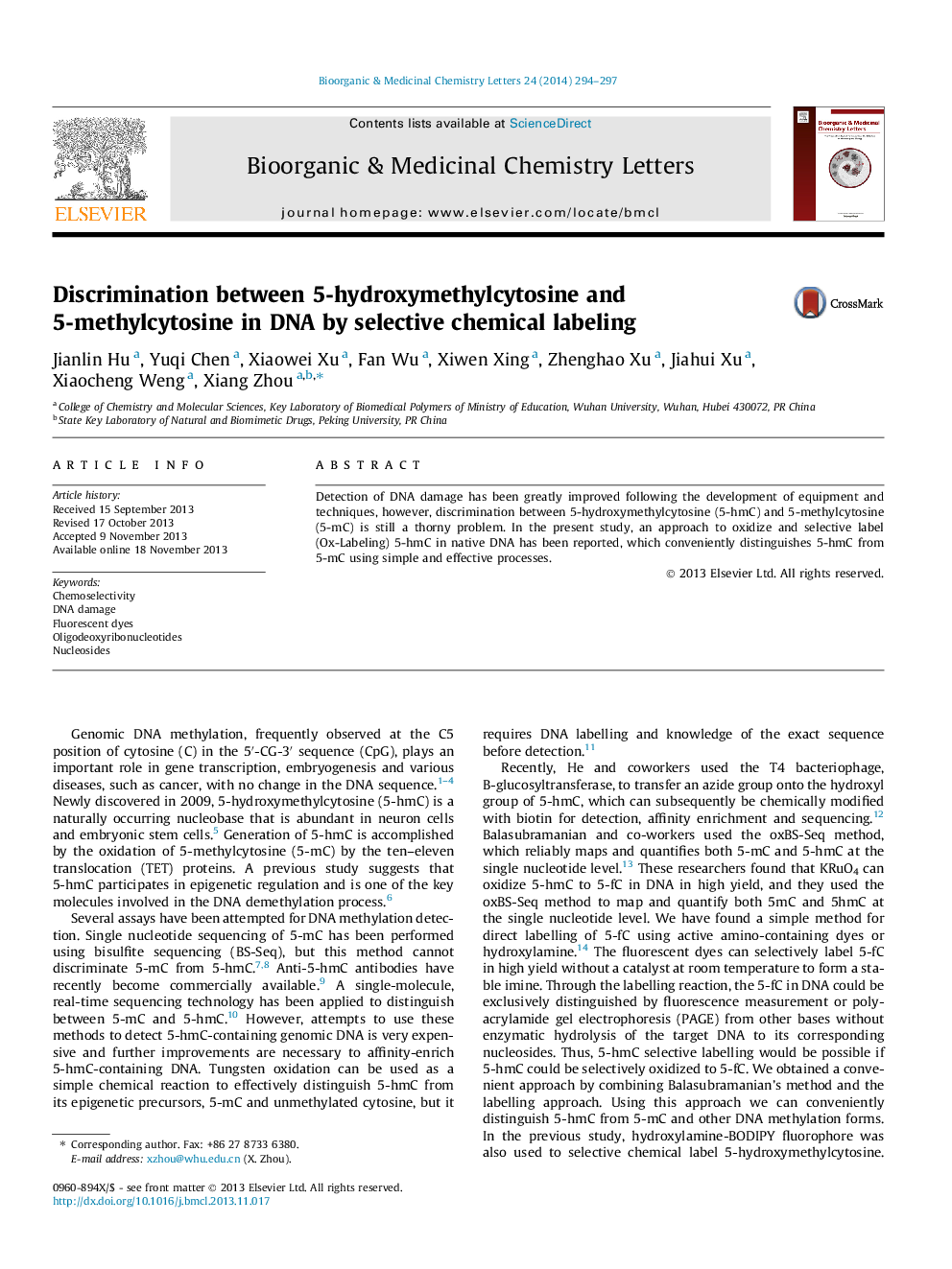 Discrimination between 5-hydroxymethylcytosine and 5-methylcytosine in DNA by selective chemical labeling