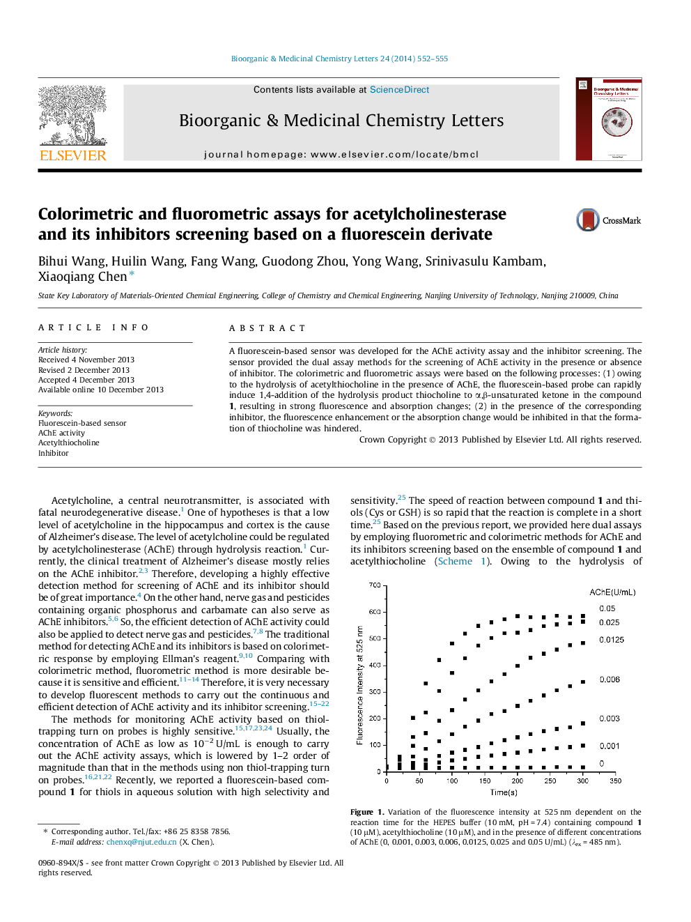 Colorimetric and fluorometric assays for acetylcholinesterase and its inhibitors screening based on a fluorescein derivate