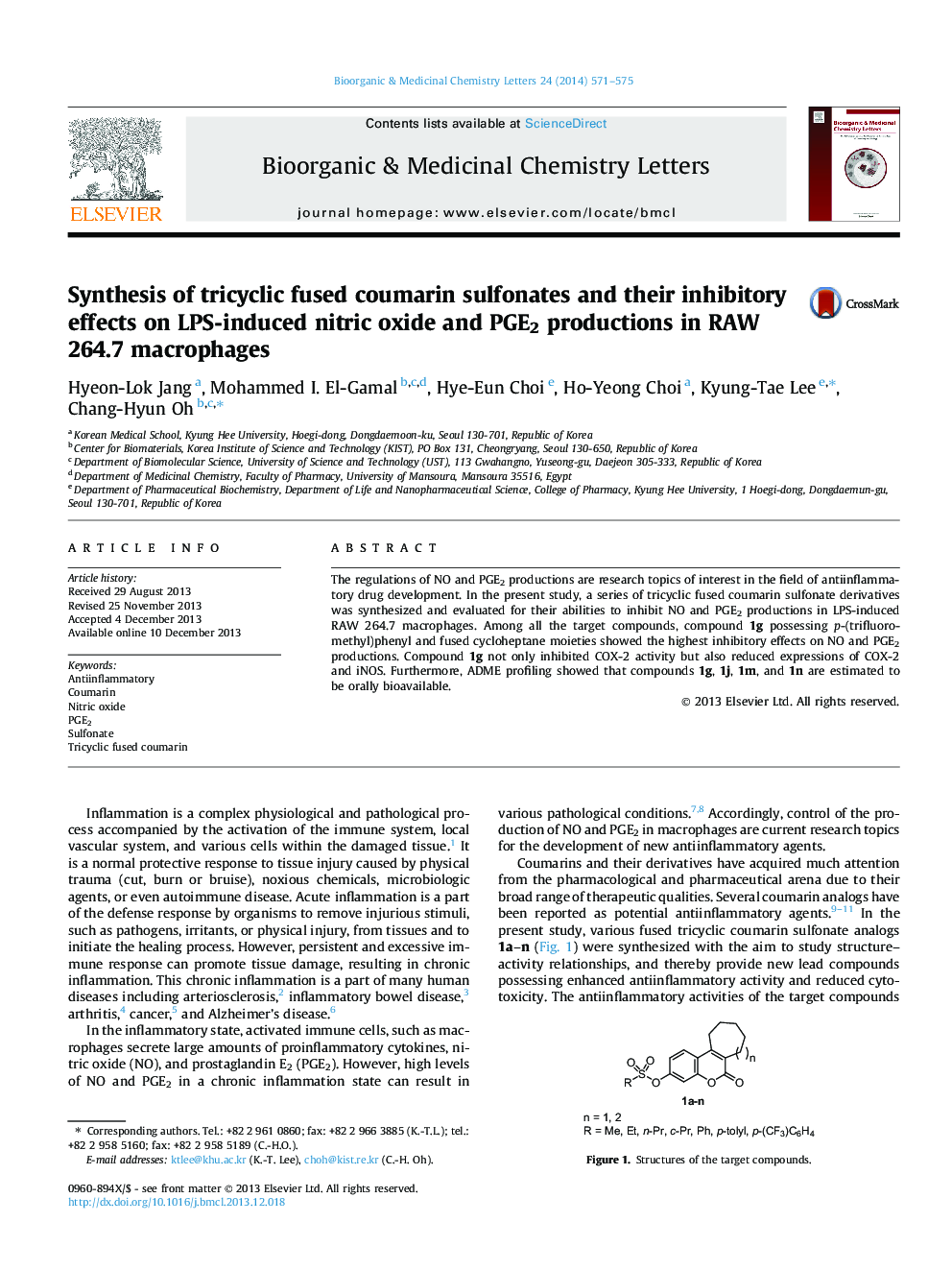 Synthesis of tricyclic fused coumarin sulfonates and their inhibitory effects on LPS-induced nitric oxide and PGE2 productions in RAW 264.7 macrophages