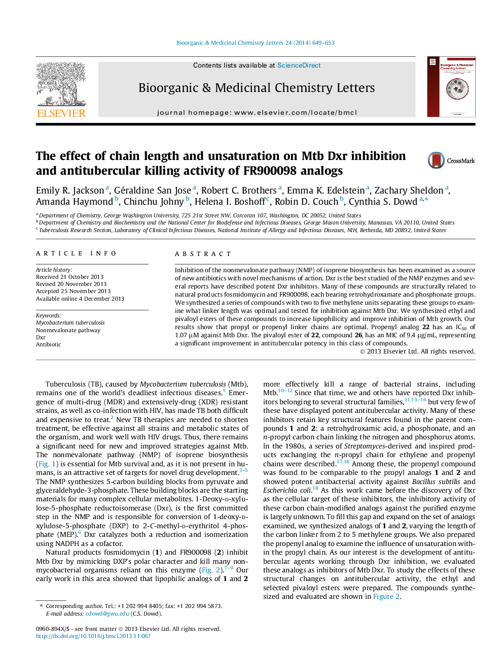 The effect of chain length and unsaturation on Mtb Dxr inhibition and antitubercular killing activity of FR900098 analogs