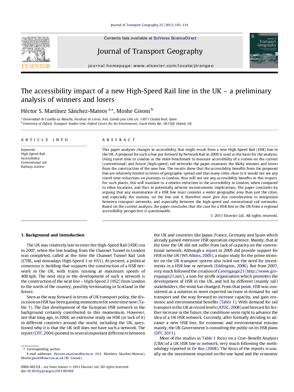 The accessibility impact of a new High-Speed Rail line in the UK – a preliminary analysis of winners and losers