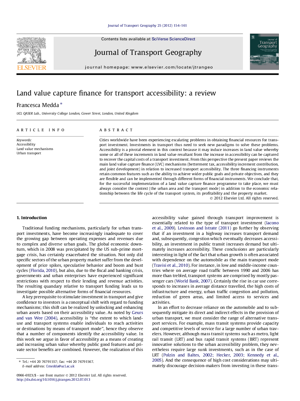 Land value capture finance for transport accessibility: a review