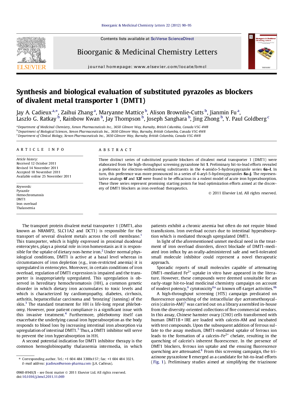 Synthesis and biological evaluation of substituted pyrazoles as blockers of divalent metal transporter 1 (DMT1)