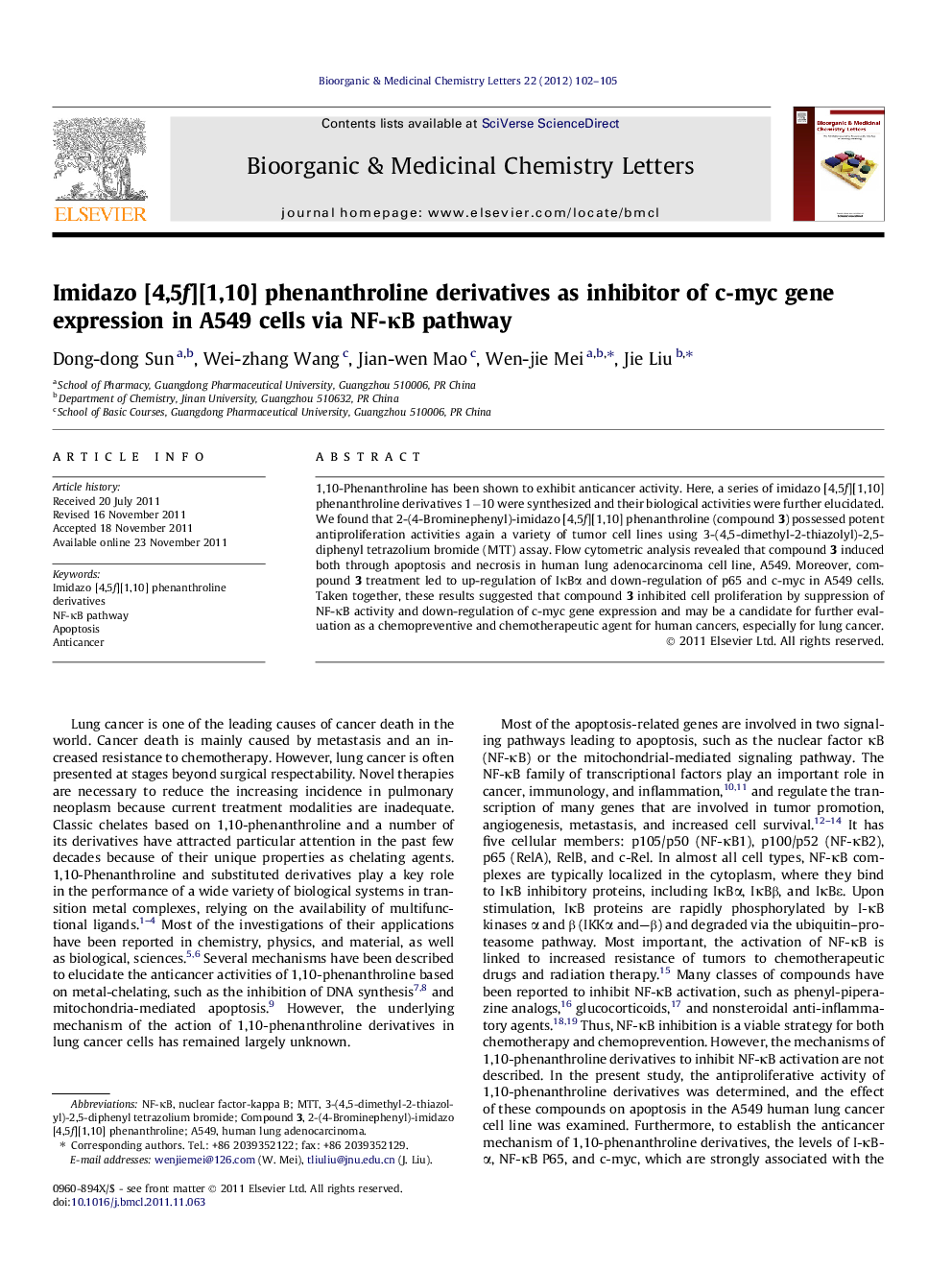 Imidazo [4,5f][1,10] phenanthroline derivatives as inhibitor of c-myc gene expression in A549 cells via NF-ÎºB pathway