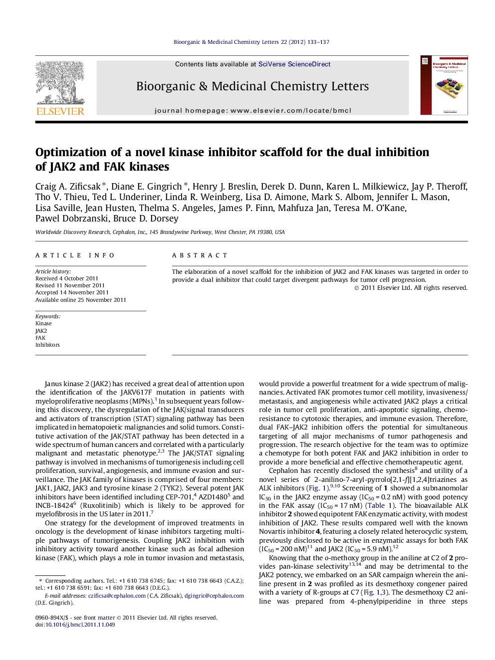 Optimization of a novel kinase inhibitor scaffold for the dual inhibition of JAK2 and FAK kinases