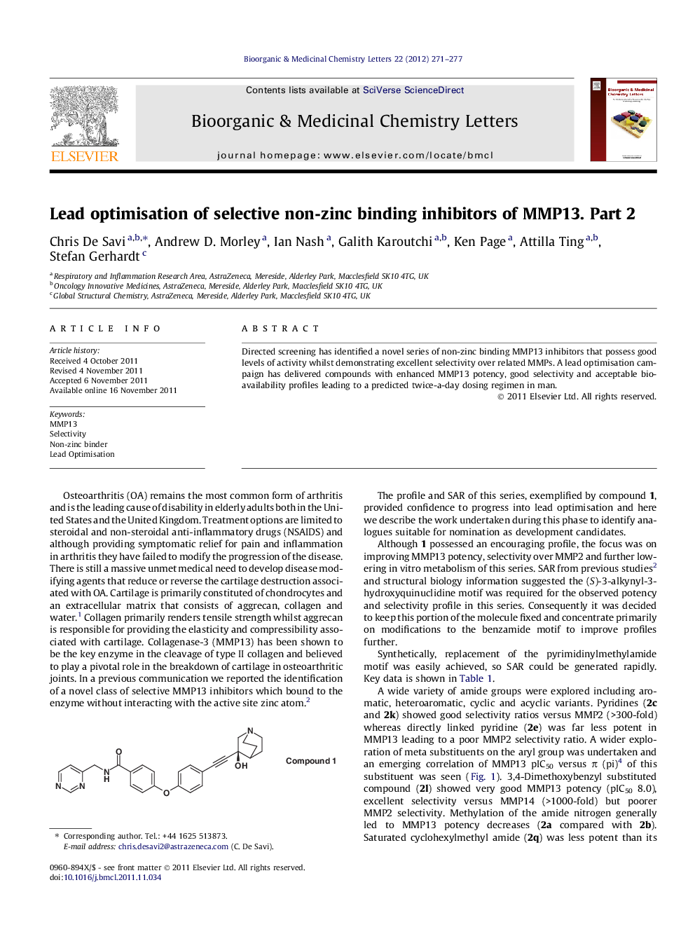 Lead optimisation of selective non-zinc binding inhibitors of MMP13. Part 2