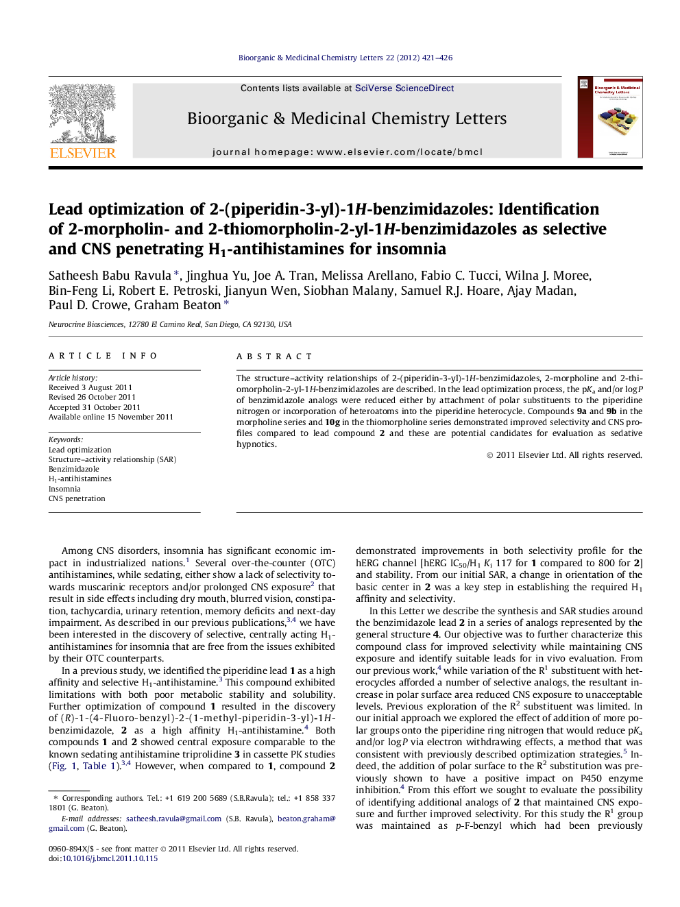 Lead optimization of 2-(piperidin-3-yl)-1H-benzimidazoles: Identification of 2-morpholin- and 2-thiomorpholin-2-yl-1H-benzimidazoles as selective and CNS penetrating H1-antihistamines for insomnia