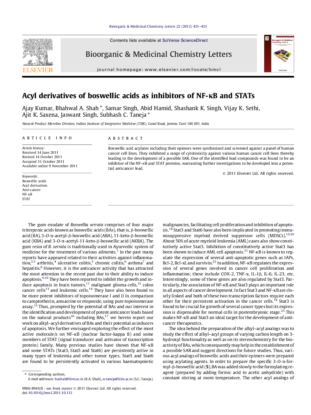 Acyl derivatives of boswellic acids as inhibitors of NF-ÎºB and STATs