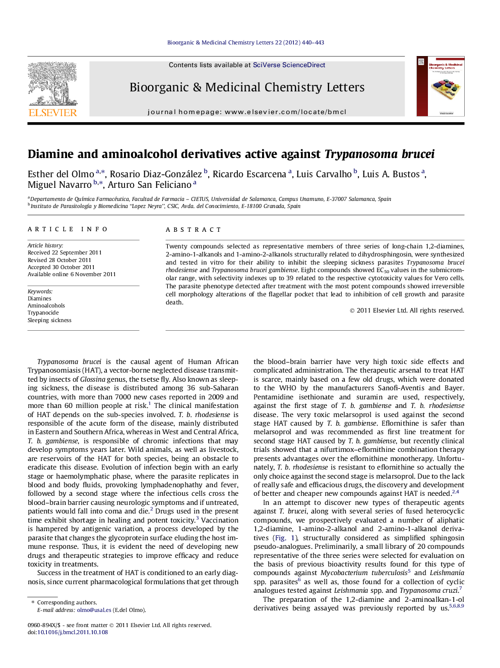 Diamine and aminoalcohol derivatives active against Trypanosoma brucei