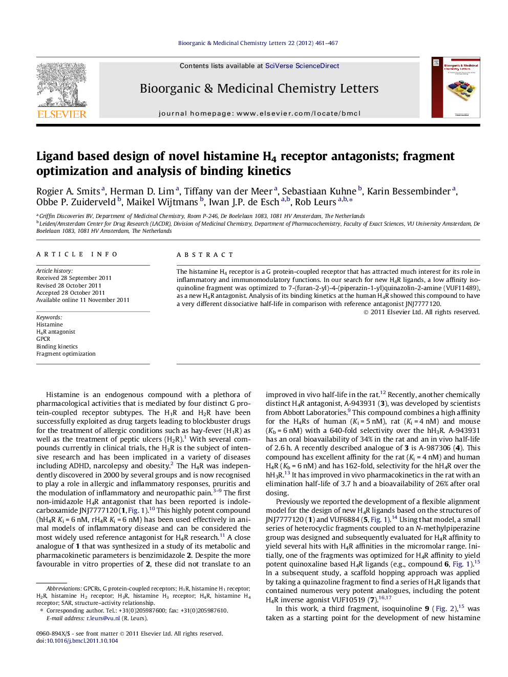 Ligand based design of novel histamine H4 receptor antagonists; fragment optimization and analysis of binding kinetics