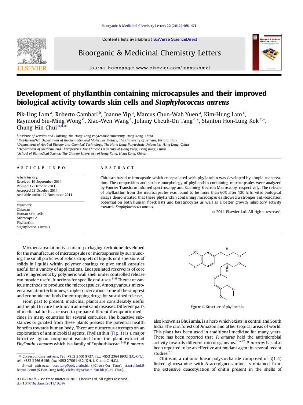 Development of phyllanthin containing microcapsules and their improved biological activity towards skin cells and Staphylococcus aureus