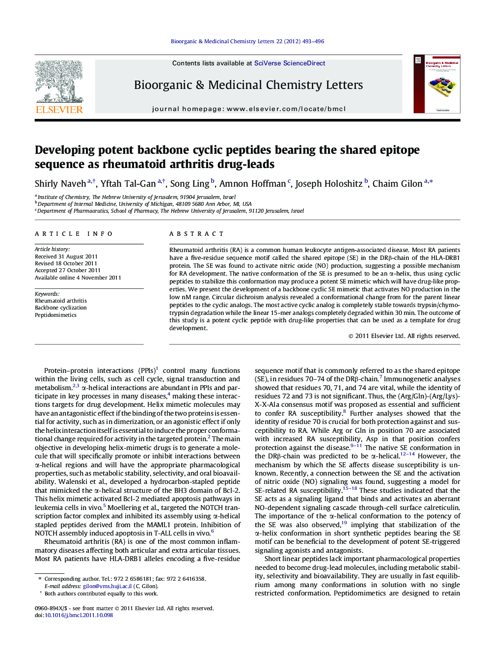 Developing potent backbone cyclic peptides bearing the shared epitope sequence as rheumatoid arthritis drug-leads