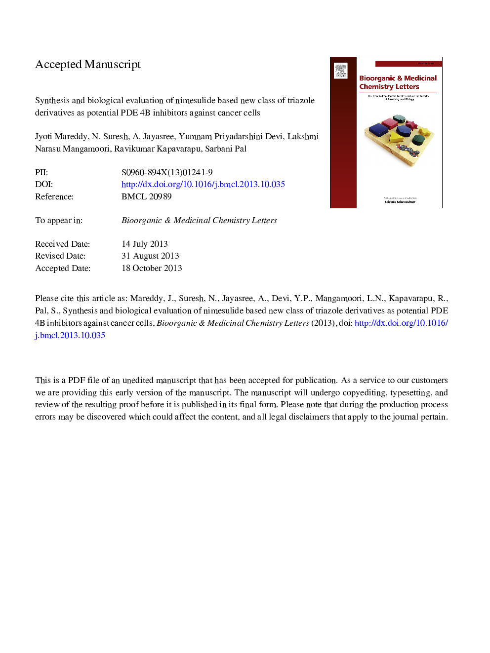 Synthesis and biological evaluation of nimesulide based new class of triazole derivatives as potential PDE4B inhibitors against cancer cells