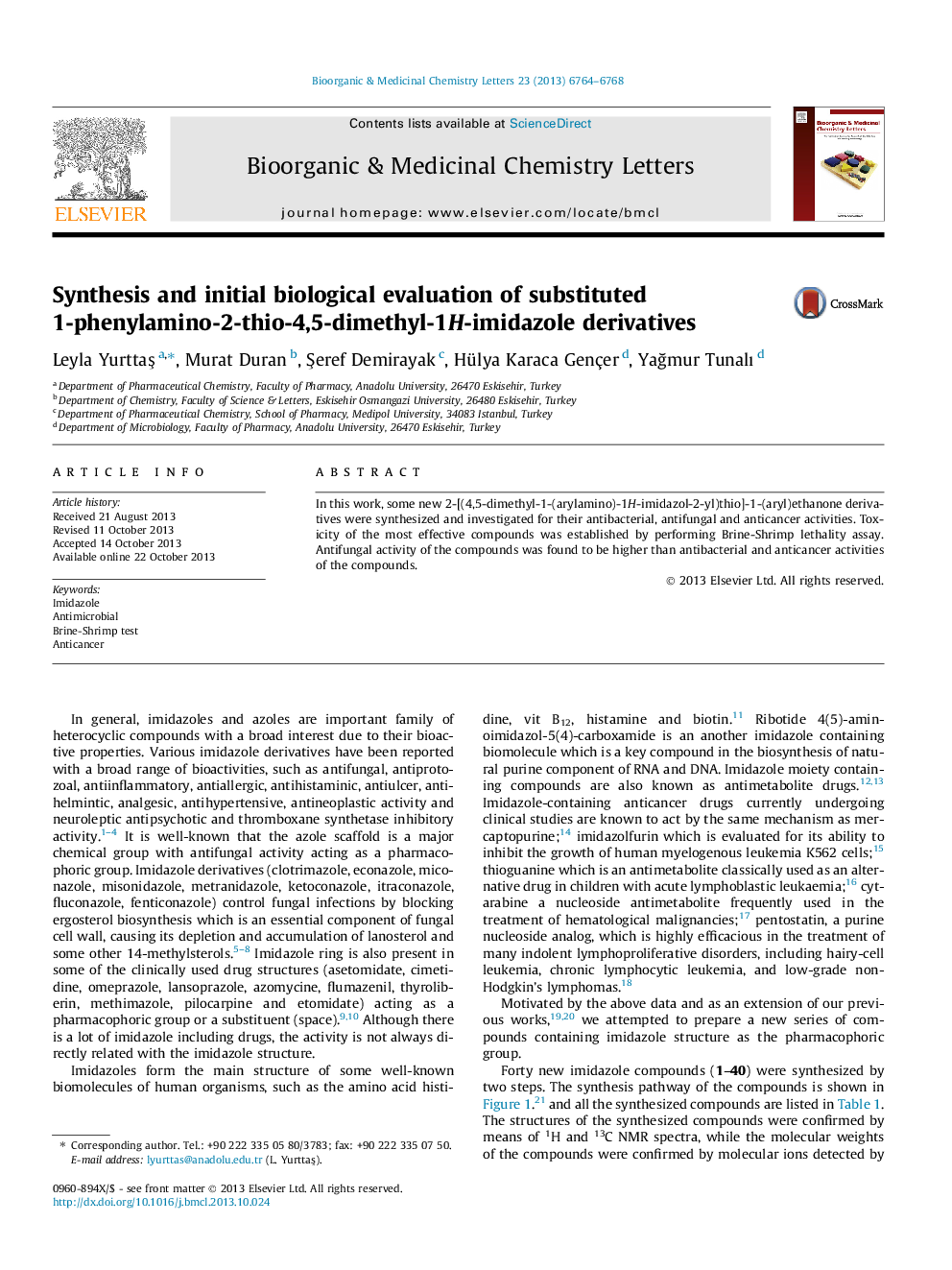 Synthesis and initial biological evaluation of substituted 1-phenylamino-2-thio-4,5-dimethyl-1H-imidazole derivatives