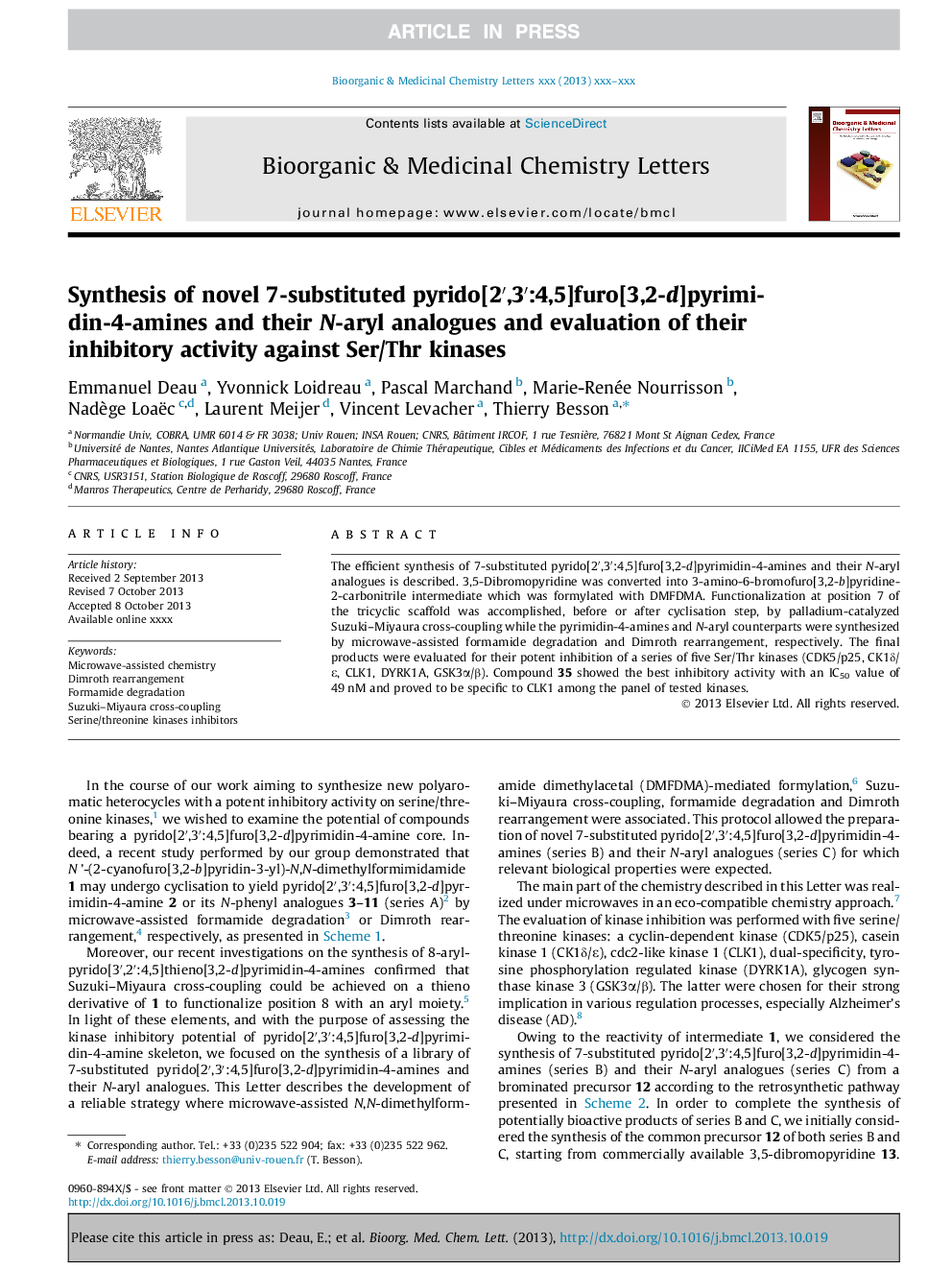 Synthesis of novel 7-substituted pyrido[2â²,3â²:4,5]furo[3,2-d]pyrimidin-4-amines and their N-aryl analogues and evaluation of their inhibitory activity against Ser/Thr kinases