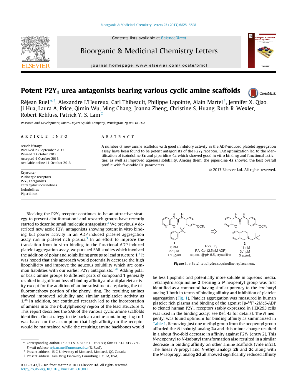 Potent P2Y1 urea antagonists bearing various cyclic amine scaffolds