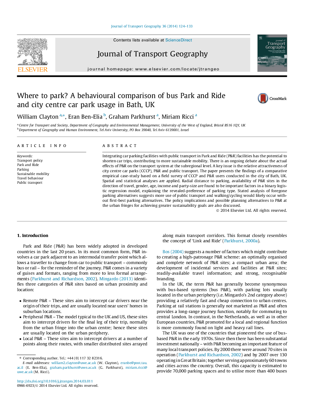 Where to park? A behavioural comparison of bus Park and Ride and city centre car park usage in Bath, UK