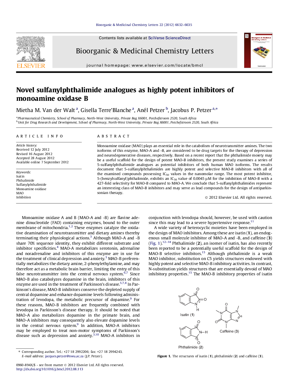 Novel sulfanylphthalimide analogues as highly potent inhibitors of monoamine oxidase B