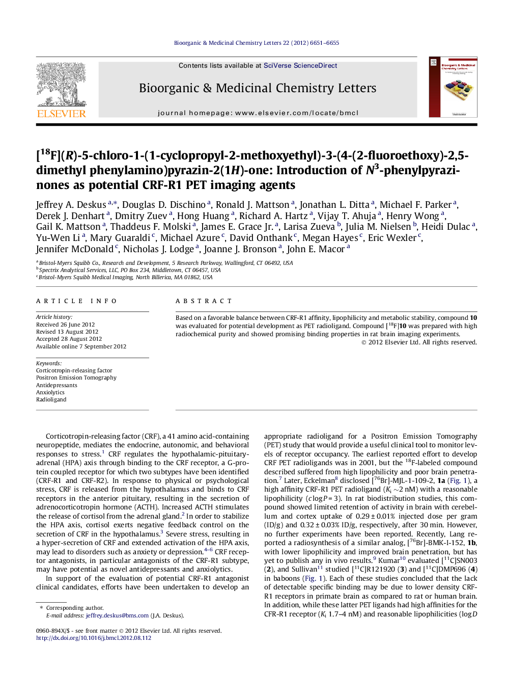 [18F](R)-5-chloro-1-(1-cyclopropyl-2-methoxyethyl)-3-(4-(2-fluoroethoxy)-2,5-dimethyl phenylamino)pyrazin-2(1H)-one: Introduction of N3-phenylpyrazinones as potential CRF-R1 PET imaging agents