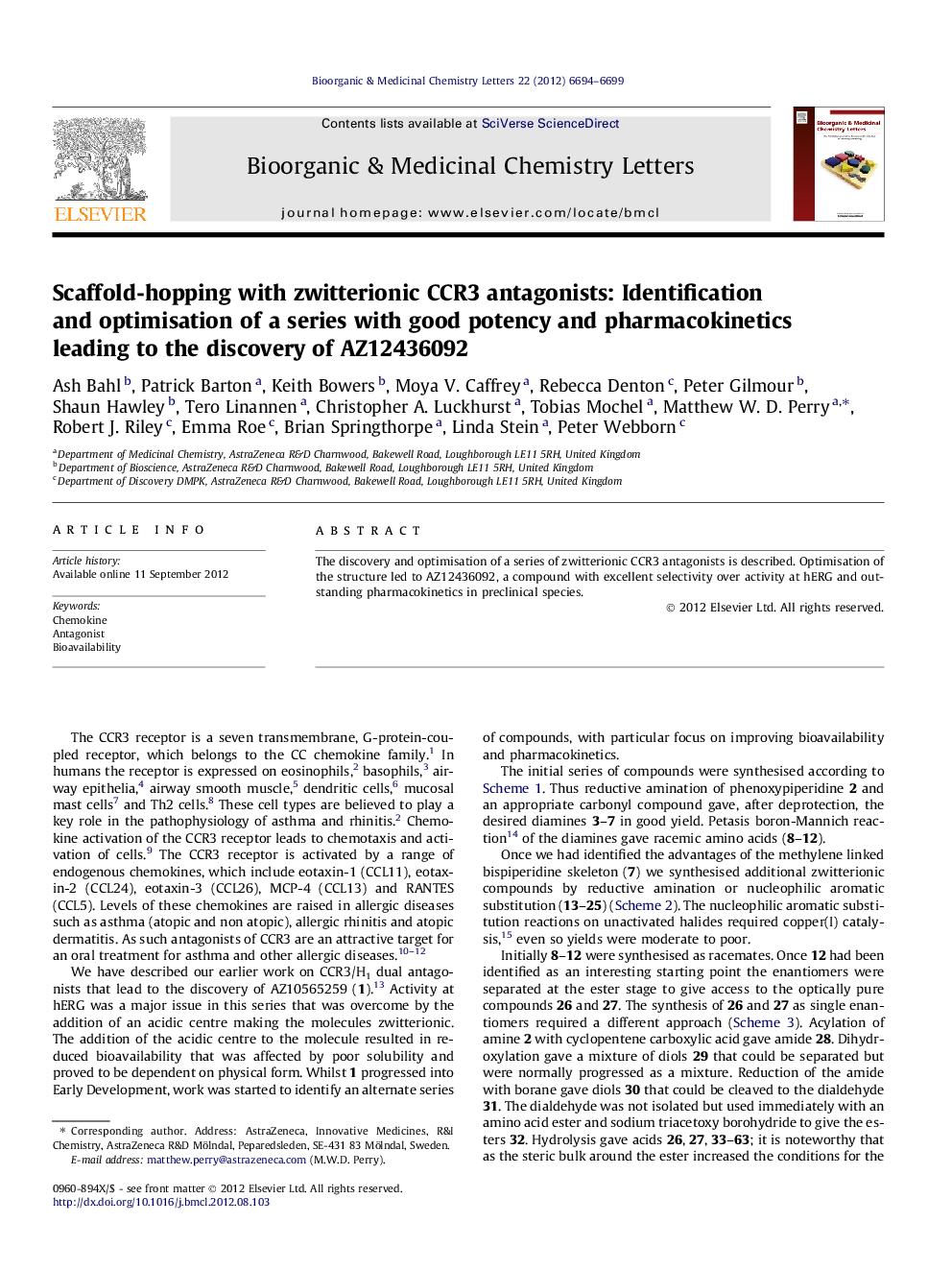 Scaffold-hopping with zwitterionic CCR3 antagonists: Identification and optimisation of a series with good potency and pharmacokinetics leading to the discovery of AZ12436092