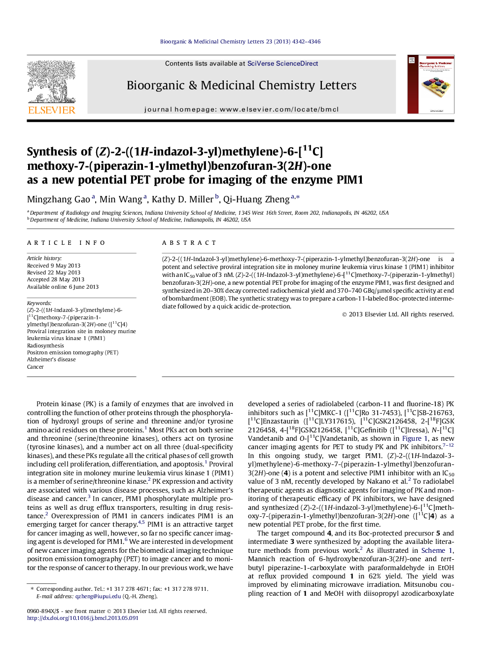 Synthesis of (Z)-2-((1H-indazol-3-yl)methylene)-6-[11C]methoxy-7-(piperazin-1-ylmethyl)benzofuran-3(2H)-one as a new potential PET probe for imaging of the enzyme PIM1